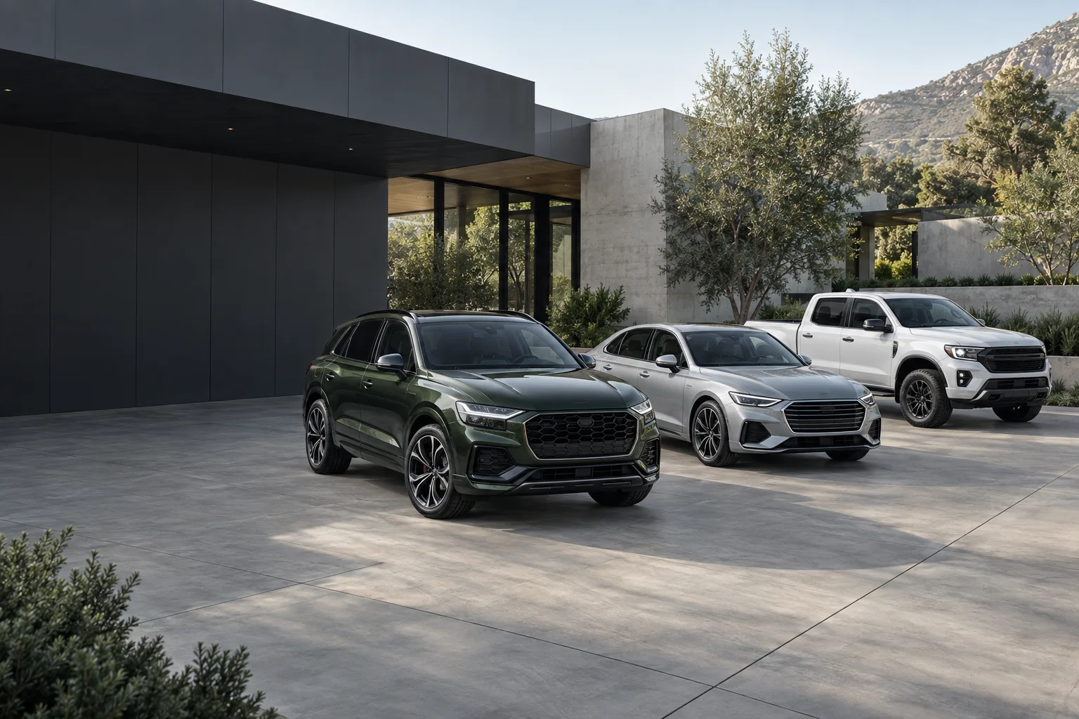 Illustrative dealership courtyard with an SUV, a sedan and a double-cab bakkie